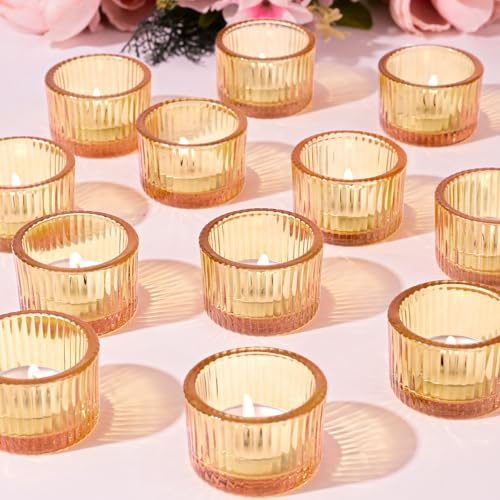 12 Stück Teelichtgläser, goldene kerzenhalter, gerippte kleine Teelichthalter aus Glas, Kerzenhalter für Hochzeit, Party, Brautparty, Tischdekoration, Heimdekoration
