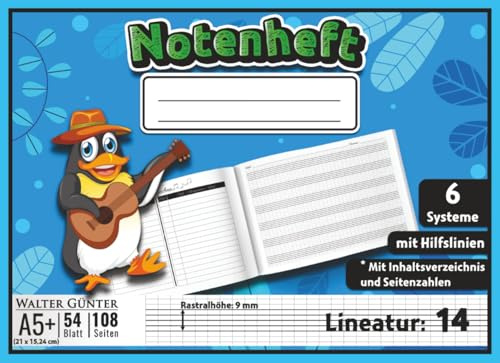 Notenheft mit Hilfslinien Lineatur 14 Größe A5+ Querformat für Kinder: 6 Notensysteme pro Seite (9 mm Rastralhöhe) | 21 x 15,24 cm - 54 Blatt (108 ... für Komponisten, Schüler & Musikunterricht