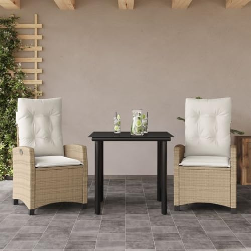Yunovire 3-TLG. Garten-Essgruppe Beige, Poly Rattan, verstellbare Relaxsessel, Glastisch 80x80cm, UV-beständig, Kissen, für Terrasse, Balkon, Außenbereich