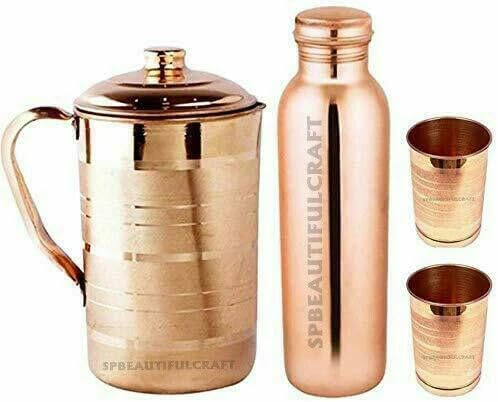 HRS India - Jarra de agua de cobre puro de 2 litros, botella de cobre hecha a mano, 900 ml, 2 vasos de cristal, juego de 4