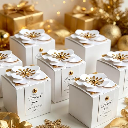 Weiße Hochzeitsgeschenkboxen, 6,5 x 6,5 x 6,5 cm – kleine Geschenkboxen mit 3D-Blume und Dankeskärtchen, Mini-Bonbonboxen für Junggesellinnenabschied, Hochzeit, Party, Babyparty (weiß)