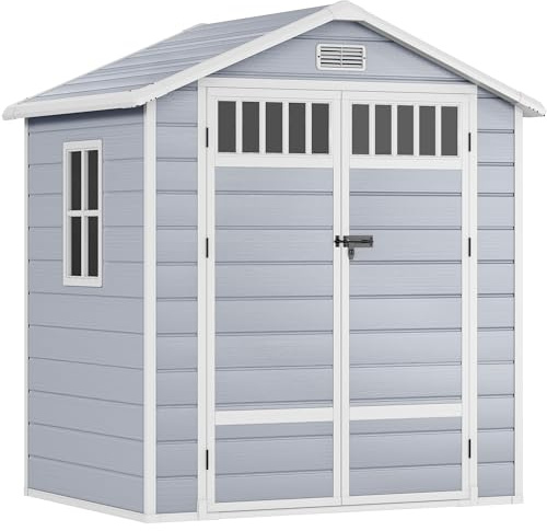 YITAHOME Kunststoff Gartenhaus(182x134x210cm) Kunstharz Aufbewahrungsschuppen für Fahrräder, Werkzeuge mit zaunartigen Seitenfenstern, abschließbarer Tür & Belüftung für Garten, Terrasse Rasen, Grau