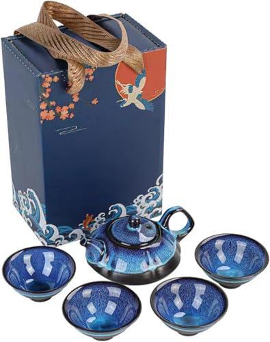 Juego de té japonés con tetera y 4 tazas, cerámica esmaltada azul, diseño tradicional con bolsa de regalo decorativa