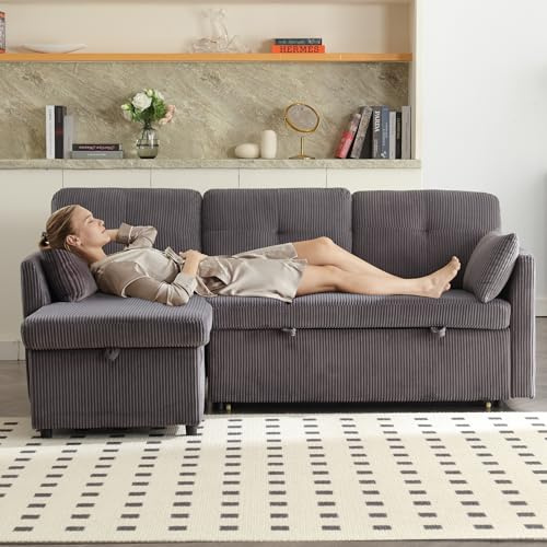 OPODEE Schlafsofa L-Form mit Bettkasten & Schlaffunktion, Ecksofa Ausziehbar Rechts/Links Montierbar, Couch mit Stauraum & Seitentaschen, Inklusive Kissen 206×108cm