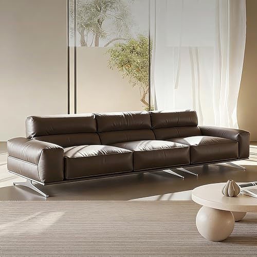 Italiensk lyxig enkel soffa i mörkt kaffebrunt läder, rymlig och mjuk soffa med massiv träram, modern stor storlek, lämplig för vardagsrum/kontor/lägenhet.