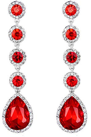 Clearine Pendientes para Mujer Elegante Boda Nupcial Cristal Redondo Gota de lágrima candelabro cuelga Pendientes llamativos Plateado Rojo