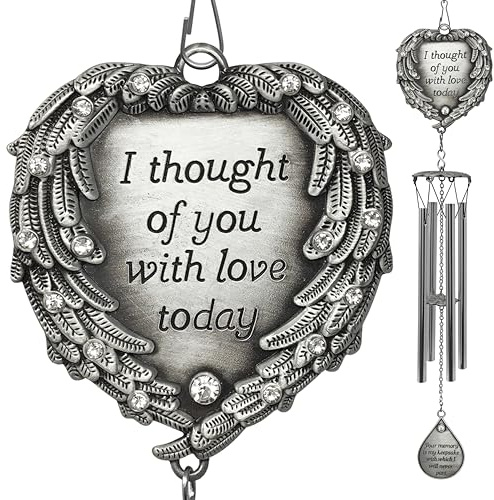Memorial Wind Chimes - I Thought of You with Love Today Poem Engraved on This Wind Chime - Angel Wings Wrapped Around a Heart and Teardrop Charm - in Loving Memory Chimes - 23 Long