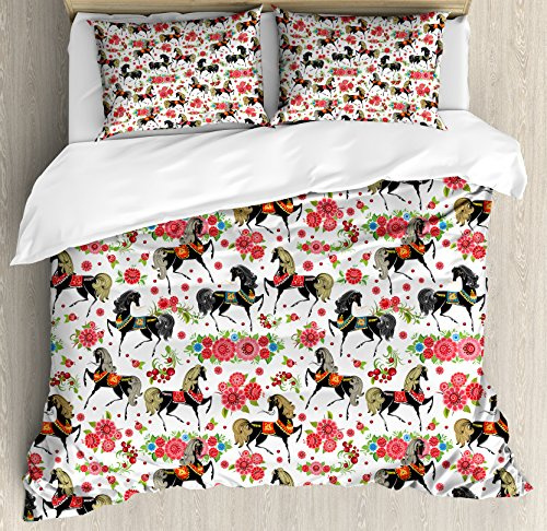 Ambesonne Horses Duvet Cover Set, Abstract Floral Arrangement and Dapple Stallions Vintage Animal Silhouettes, Decorative 3 Piece Bedding Set with 2 Pillow Shams, Queen Size, Coral Black
