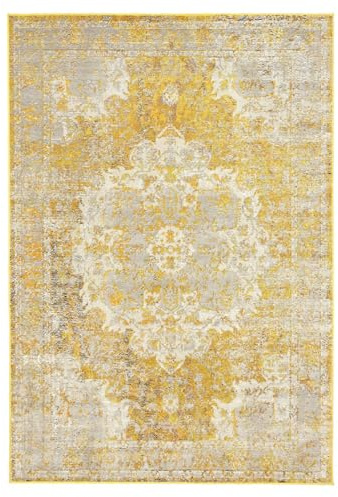 RugVista Nadia Teppich, 140 x 200 cm, Gelb | Vintage, Rechteckig, Niedriger Stapel, Nur chemische Reinigung, Oeko-Tex 100, Wohnzimmer, Esszimmer, Schlafzimmer, Küche