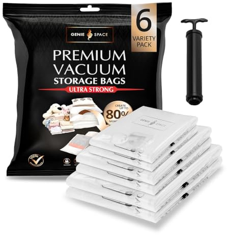 GENIE SPACE Premium Vakuumpåsar för Kläder & Sängkläder – Set 6 (2XL, 2L, 2M) med Handpump, Lufttäta, Återanvändbara & Luktfria Förvaringspåsar som Sparar upp till 80% Utrymme