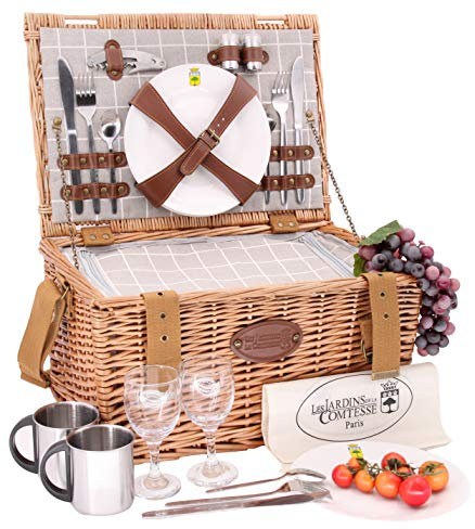 Les Jardins de la Comtesse - Picknickkorb aus Weidengeflecht Concorde - für 2 Personen, Kühlbox, Teller, Weingläser, Timbales aus Aluminium, Stoff, 42 x 30 x 23 cm