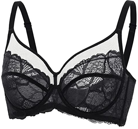 DOBREVA Women's Lace Full Coverage Minimiser Bra Unlined Underwire See Through Plus Size Bra Black 38F