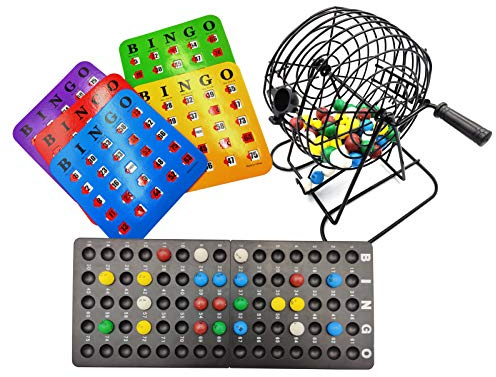 Yuanhe Deluxe Bingo Game Set - 6 Inch Metal Cage with Calling Board, 5 Shutter Slide Cards, 75 Colored Balls, for Large Group Games