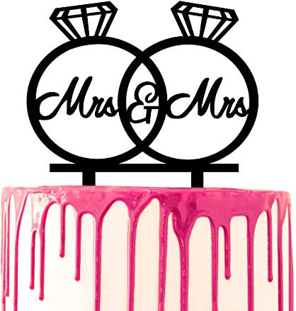 CARISPIBET wedding cake topper two diamond rings crossed with Mrs & Mrs written inside acrylic cake decoration