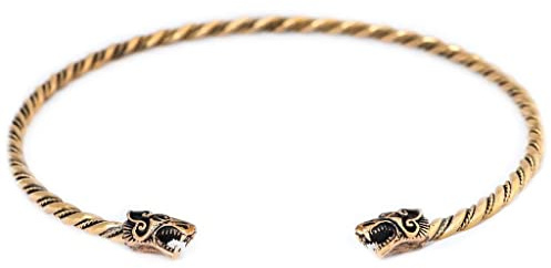 Wikinger Torques Halsreif aus Bronze für Männer – Schmaler Viking Halsreif mit Wolfsköpfen – Nordischer Herrenschmuck im Mittelalter Stil