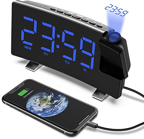 Projection Alarm Clock with FM Radio and USB Charger - 8 LED Mirror Screen Large Digit, 180° HD 5 Meters with Snooze Function, 3 Dimer, Dual Alarm and Power Failure Memory
