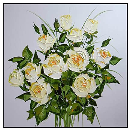 Acrylbilder Auf Leinwand Handgemalt, White Rose Flower Bouquet Green Leaves Abstract Modern Large Original Hand Painted Knife Artwork Paintings On Canvas Wall Art For Home Office Decorations Living