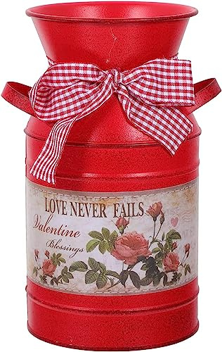 HRTLSS Jarra de Flores de Metal galvanizado rústico, jarrón Decorativo de Granja, Cubos de Flores de Lata de Leche Elegante con asa, para la decoración de la Cocina del hogar (Rojo)