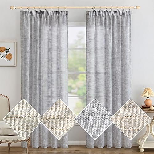MIULEE Gardinen mit Kräuselband, Leinenoptik 140x175 cm Weiß Grau, 2er Set | Moderne Durchscheinende Voile Vorhänge mit Kräuselband, Leinenoptik für Wohnzimmer Schlafzimmer, Passend für Schienensysteme