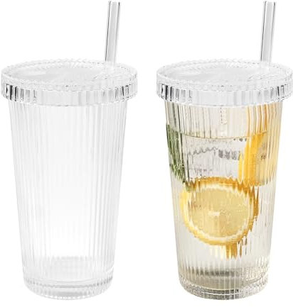 Kleemeiero Lot de 2 gobelets à eau en verre avec couvercle et paille - 380 ml - Gobelets à café - Verres à long drink