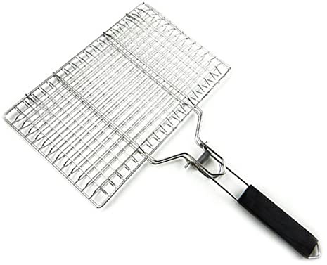 SH-RuiDu Portable Grilling Basket, Stainless Steel Grilling Cookware with Removable Wooden Handle for Grilling Fish Vegetable Steak
