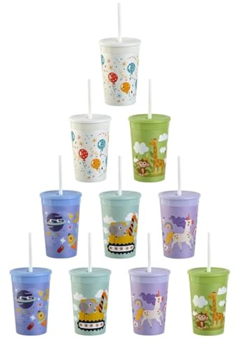 Engelland 10 x Becher mit Deckel und Strohhalm, BPA-frei, Bunte Mischung, Kunstoffbecher, Trinkbecher, Party-Becher, Plastik, Trink-Gläser, Mehrweg 0,33l