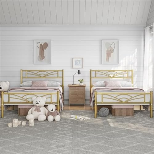 Yaheetech Set di 2 Struttura Letto Singolo in Ferro 90 x 200 cm | Testiera a Forma di Nuvole, Spazio Aggiuntivo, per Gemelli Camera da Letto Ospiti, Struttura Stabile, Oro Anticato