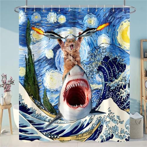 FABTOP Duschvorhang Lustig 180x180 cm, Coole Katze Reitet Hai Duschvorhänge 3D Hai Fisch Bad Vorhang, Meeresmotiv Haifischwal Shower Curtains Wasserdicht (1,180 x 200 cm)