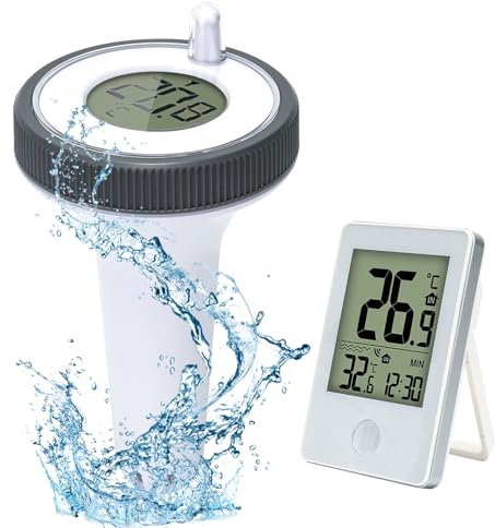 Termometro Digitale per Piscina Galleggiante Wireless, Impermeabile IP67, Termometro per Piscina con Ricevitore Della Temperatura Interna, Portata Fino a 60m, per Piscine, Laghetti Pesci, Vasche Bagno