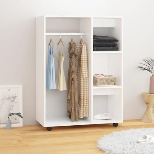 Willood Kleiderschrank mit offenem Fach 3 seitlichen Ablagen Rollen Garderobenschrank Garderobe Schlafzimmer Schrank Weiß 80x40x110 cm Holzwerkstoff