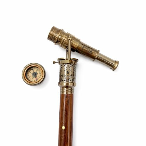 Canne télescopique nautique avec boussole, poignée en laiton, laiton antique, pour randonnée, camping, activités de plein air, cannes de marche à 3 plis, décoration d'intérieur (bâton finition bois)
