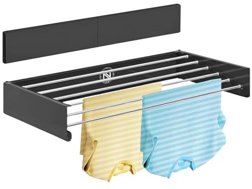 N 18.28 - Stendibiancheria estensibile da parete retrattile - Stendibiancheria pieghevole da parete per interni ed esterni - Salvaspazio - Compatto - Capacità 35 kg - 6 aste - 100 cm (nero)