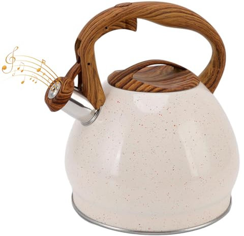 Hominas Wasserkessel Induktion 3l, Wasserkocher Edelstahl Pfeifkessel Teekanne Beige Teakettle Teekessel mit Holzoptik Griff für Tee Und Kaffee