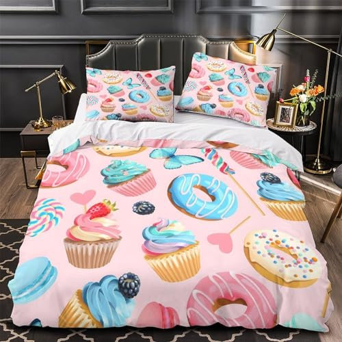 GDEKCIEAS Cupcake e ciambelle Copripiumino 3 Pezzi 3D Stampa Digitale Set Copripiumino Con Cerniera Microfibra Morbido Set Di Biancheria Da Letto E Federe Per Bambini King（220x240cm）