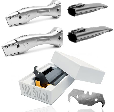 2 Delphin®-03 Teppichmesser, Klassik Edition, Feststehende Klinge, Profi Cuttermesser, Alu, 100 Klingen und Kunststoffköcher, Rechts- u. Linkshänder.