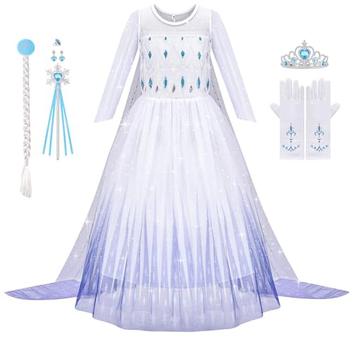 Aomig Princess Costume Kinder 6Pcs Prinzessin Dress Up for Girl Mädchen Kostüm Kleid mit Krone Ohrringe Perücke Handschuhe Halskette Fancy Dress Cosplay Party Halloween Role Play Masquerade 150cm