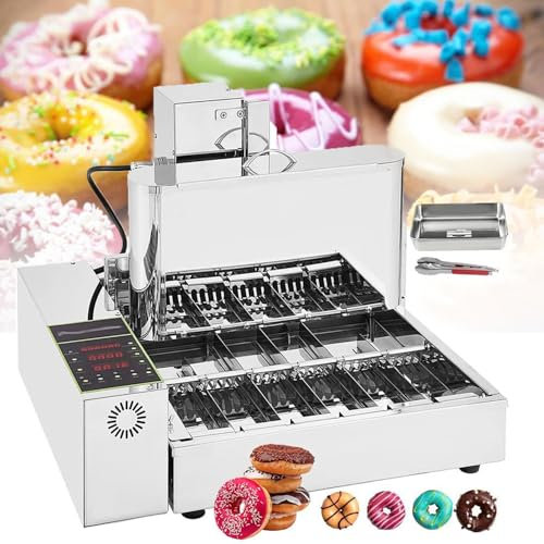 HLGKBY Automatic Donut Maker Machine, 6 Rows 9.5L Hopper Donut Machine, 2000W Stainless Steel Doughnut Maker 50~220℃ Donut Snack Machine Commercial Donut Fryer Adjustable Thickness Auto Flip 6