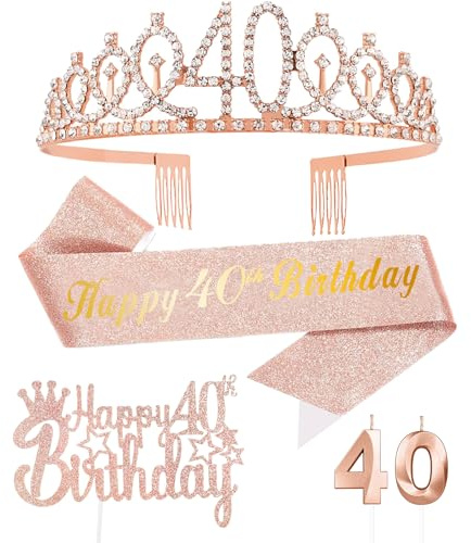 Rose Gold 40. Geburtstag Mädchen Deko, Geburtstag Krone und Schärpe, Happy Birthday Tortendeko,Kerze Geburtstag,Geburtstagsdeko Mädchen und Damen 40 Party Dekoration