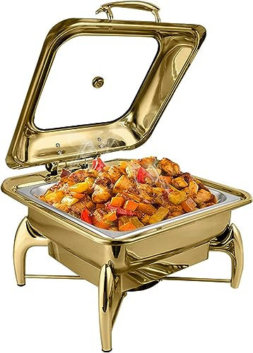 GUHPZA Chafing Dish Quadrato in Acciaio Inox - Scaldavivande da Buffet Ad Alta capacità da 6 Litri - con Coperchio in Vetro, Teglia per Alimenti, Teglia per L'Acqua E,Gold