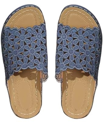 Pantoletter dam med fotbädd: läder ortopediska sandaler, peep toe, platåsandaletter, strandskor, tofflor, halkfria, tofflor, nät, sommarskor, tofflor, storlek 36–43, blå, 38 EU