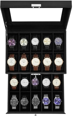 Uten Boîte à Montres 20 Compartiments, 2 Niveaux Coffret à Montres en PU, Couvercle en Verre, Coffret de Rangement pour Montres, Doublure en Velours Noire, Idée Cadeau