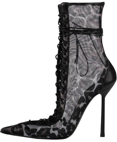 USRUNOE Mesh Ankle Boots for Women Kitten High Heels Pointed Toe Lace-Up Short Booties Sexy Fall Shoes