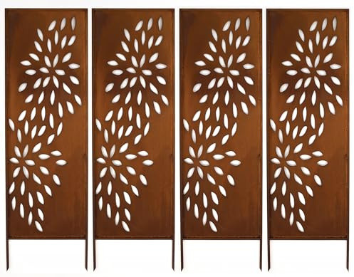 Kapaga - Sichtschutz Metall 4x - 160x50 cm - Edelrost - Rostoptik, Patina | für Garten und Terrasse - Corten, Sichtschutzelement - Sichtschutzwand - Gartendekoration Zaun - Rost (Strauch) (Azur)