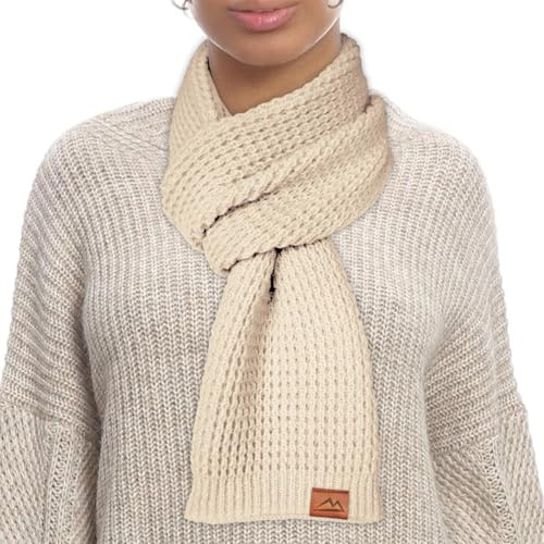Loowoko Schal Damen Geschenke, Klassische waffel strickschal, Langschal mit Echt-Leder Veredelung, geschenke für frauen, 180 * 30cm (Beige‌)