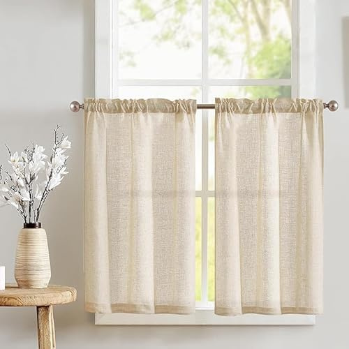 TOPICK Tendine per finestre in lino 90L x 115A cm colore Beige 2 pezzi | porta finestra stile country roulotte balcone corte semi-trasparenti rustiche soggiorno doccia tenda per interni
