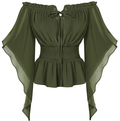 SCARLET DARKNESS Dam Renässans Bondblus Vintage Off-Shoulder Medeltida Blus, ljusgrön, L