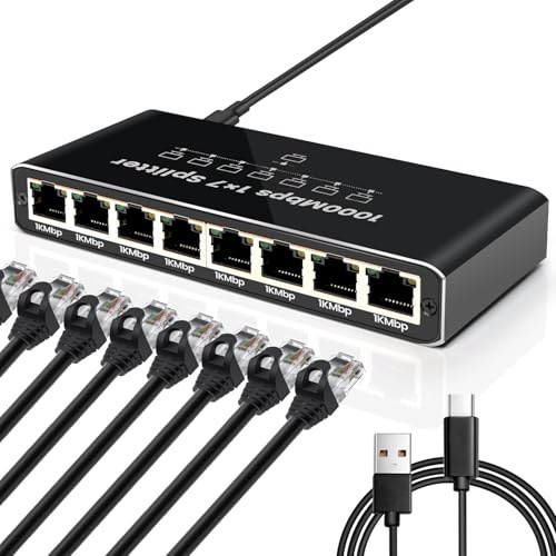 LAN Splitter 1 auf 7,Gigabit Ethernet 1000Mbps, RJ45 Netzwerk Verteiler mit USB-C Stromversorgung, 7 Port LAN Verteiler für Router, Computer, IPTV, Smart-Kamera & Mehr(KEIN Switch)