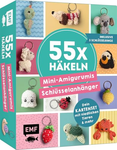 55 x häkeln – Mini-Amigurumis Schlüsselanhänger: Dein Kartenset mit niedlichen Tieren & mehr: 55 Karten mit Häkelfiguren für Schlüsselbund & Co. | Grundlagen-Booklet & 3 Schlüsselringe inklusive