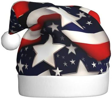 EdWal Amerikanische Flagge Sterne Streifen Druck Plüsch Weihnachtsmannmütze Weihnachtsmütze für Erwachsene Gemütliche Urlaub Kopfbedeckung für Weihnachtsfeiern