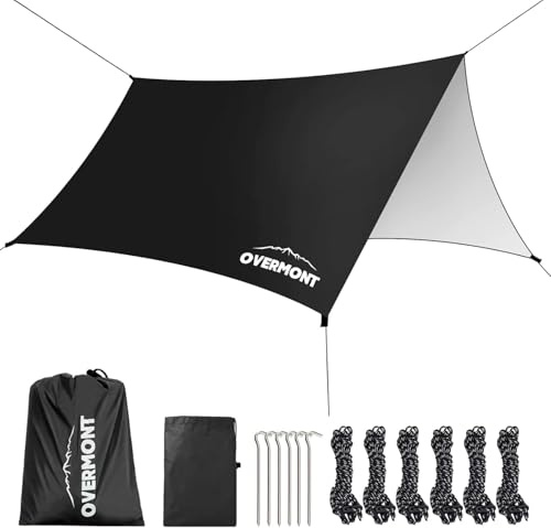 Overmont Rain Fly Tent Tarp - 3m x 3m | Lightweight Waterproof Hammock Camping Tarp for Protection Against Sun, Snow and Outdoor Travel Beach, Black
